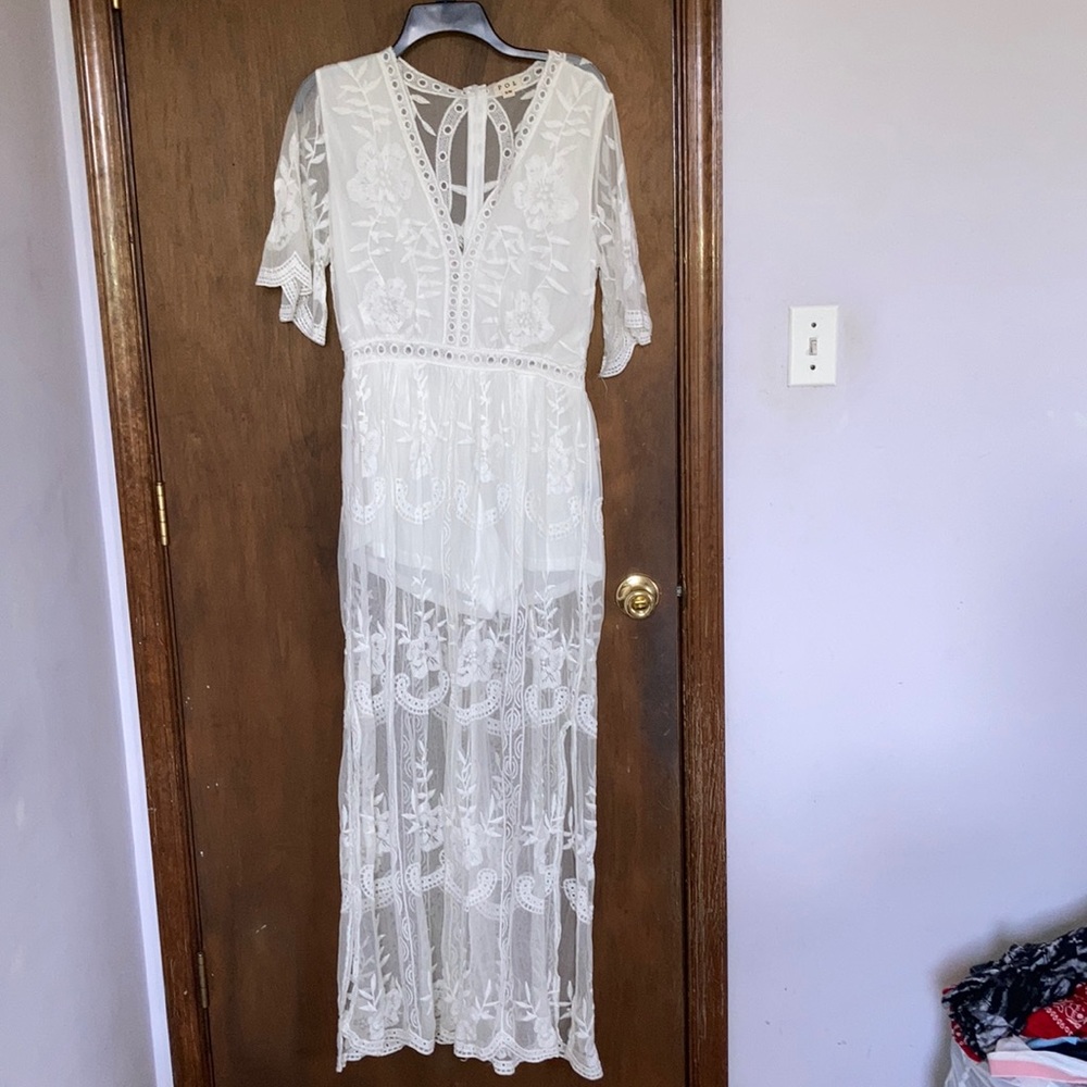 Pol white floral embroidered sheer material over romper boho size S/M